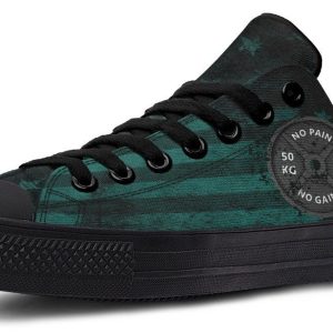 "No Pain No Gain" American Flag Green Pattern Black Lowtop Sneaker